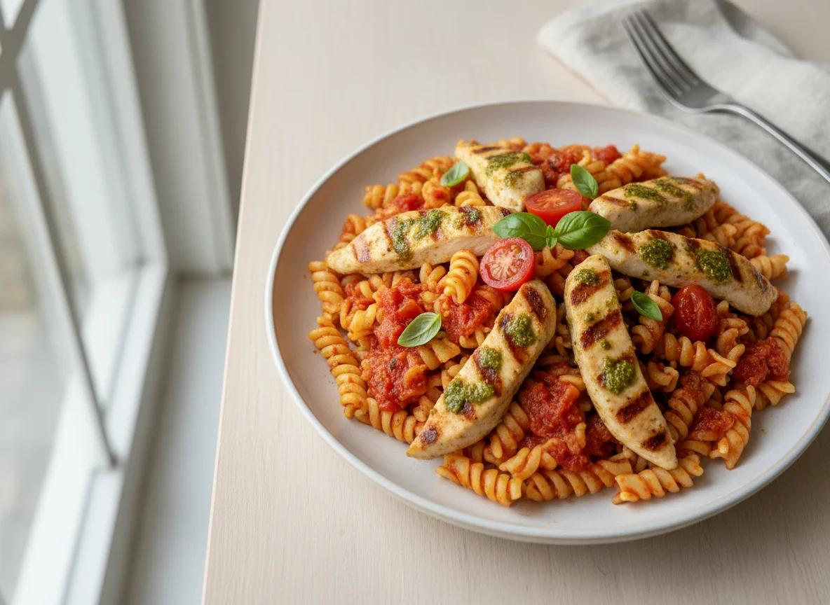 Chicken Pesto Pasta with Tomato Sauce photo