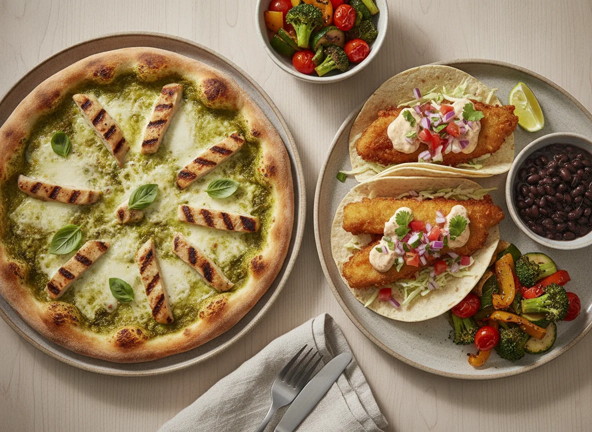 Chicken Pesto Pizza and Fish Tacos with Black Beans and Roasted Vegetables photo