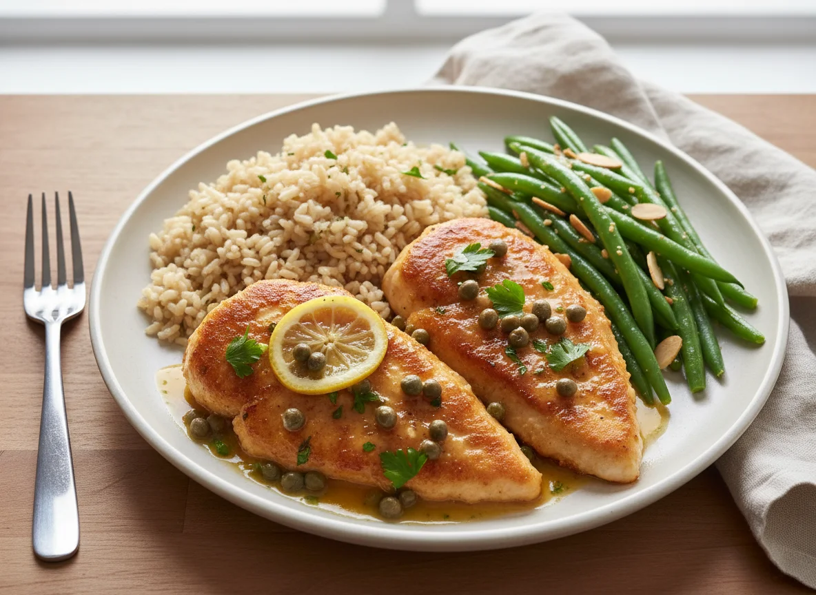 Chicken Piccata with Brown Rice and Green Beans photo