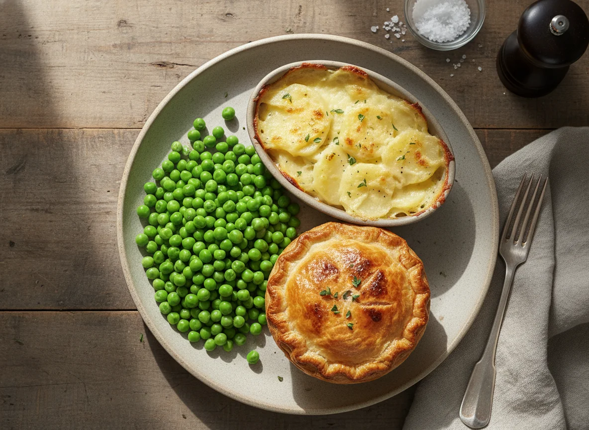 Chicken Pie with Dauphinoise Potatoes and Peas photo