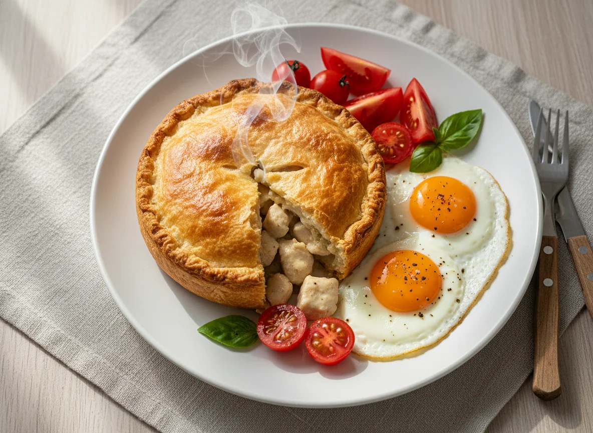 Chicken Pie with Fried Eggs and Tomatoes photo