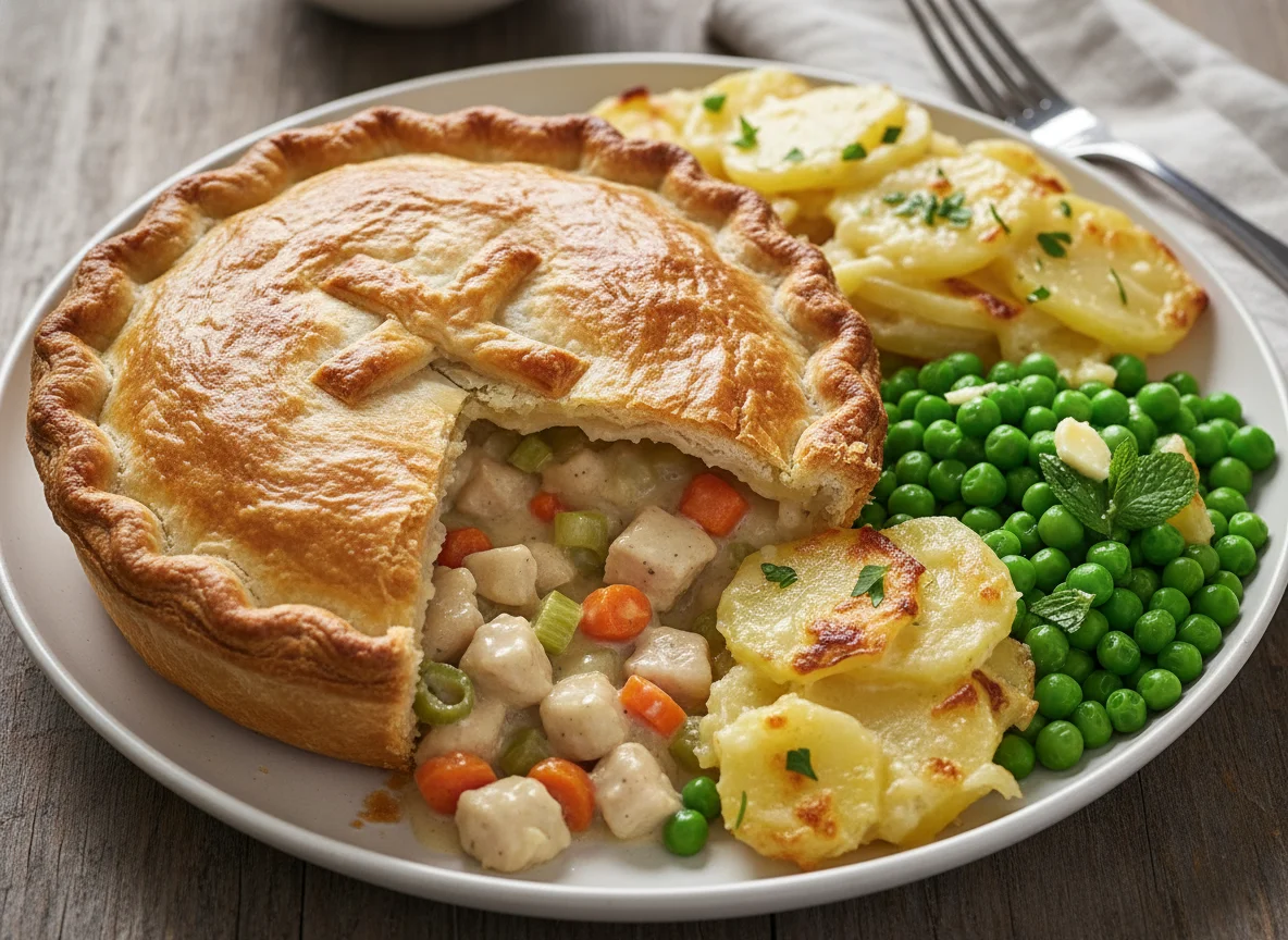 Chicken Pie with Potato Gratin and Peas photo