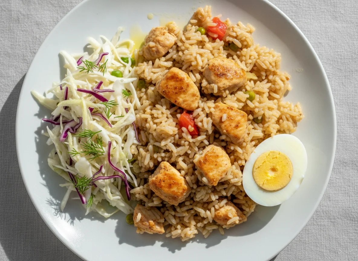 Chicken pilaf with cabbage salad and boiled egg photo