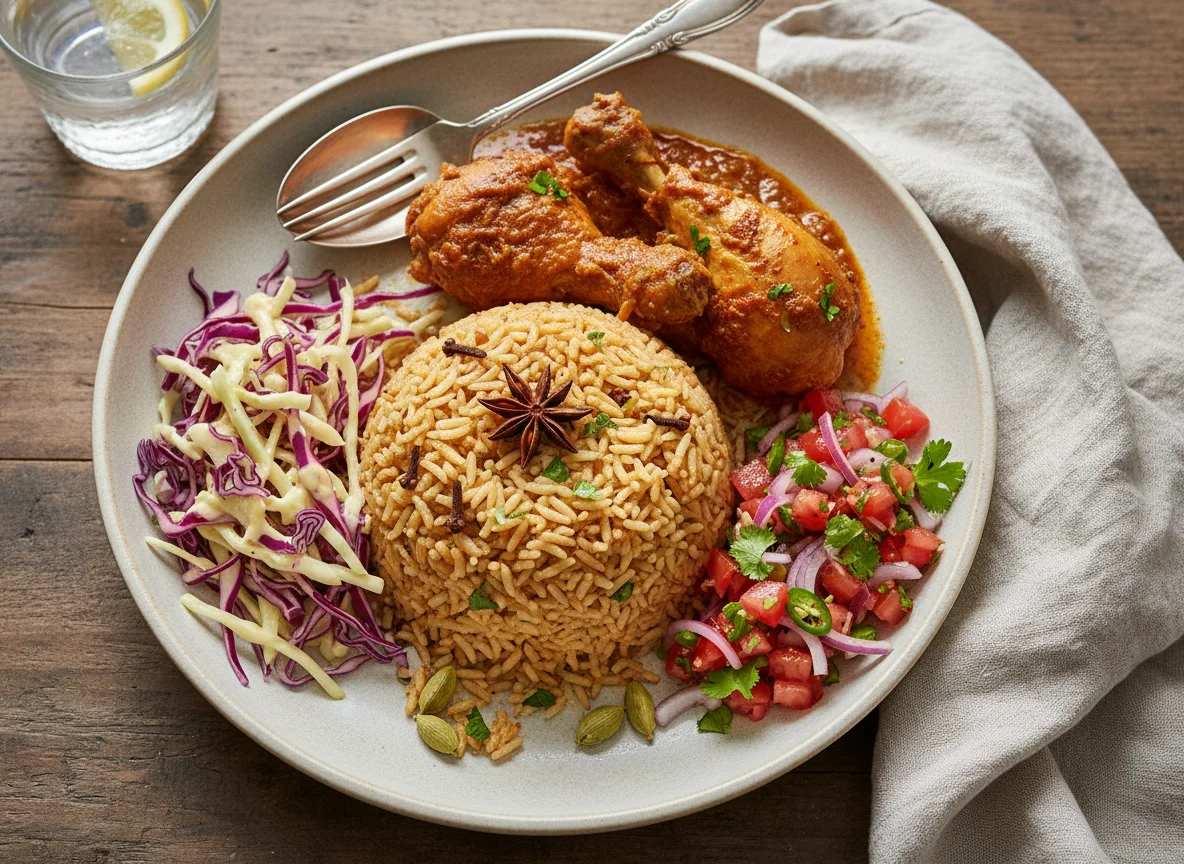Chicken Pilau with Cabbage Slaw and Kachumbari photo