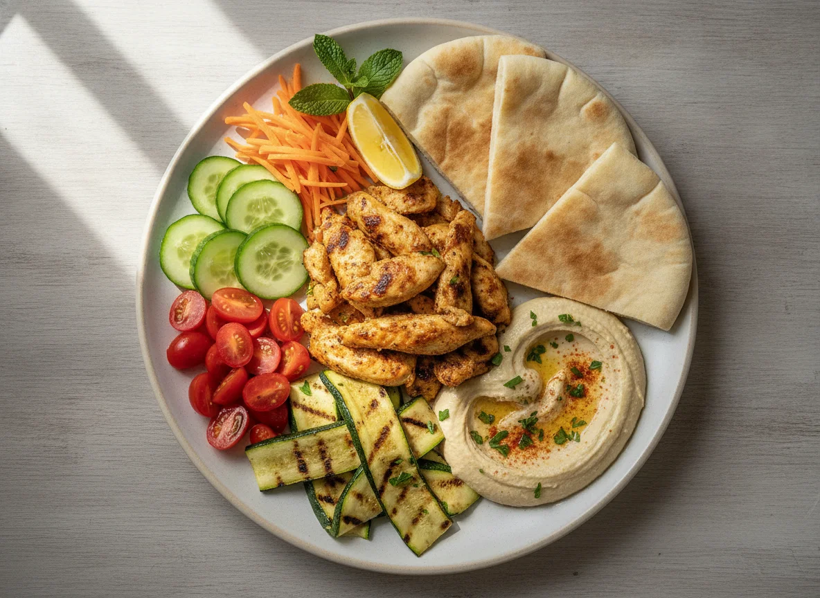 Chicken Pita Plate with Hummus and Vegetables photo