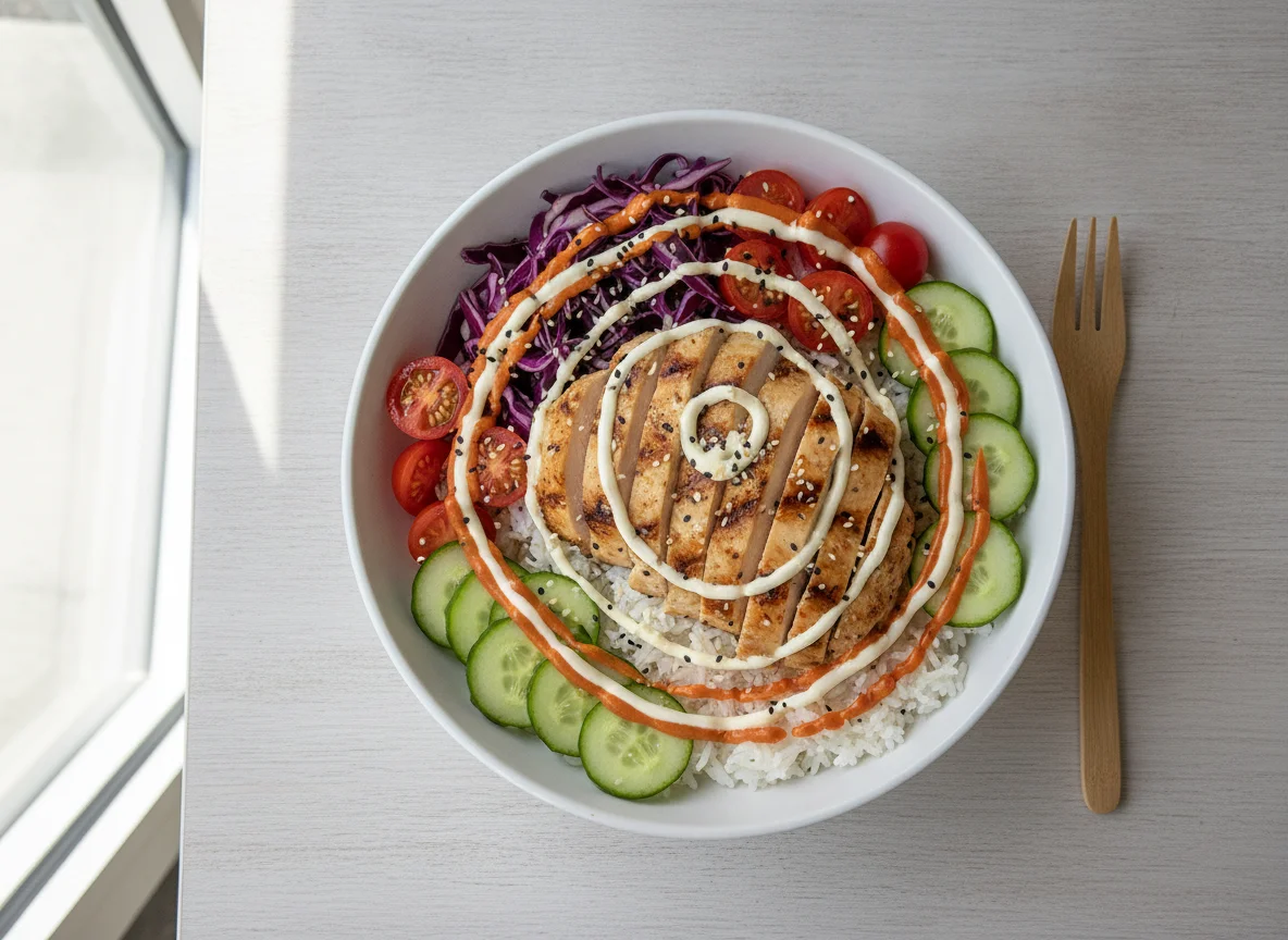 Chicken Poke Bowl with Rice and Vegetables photo