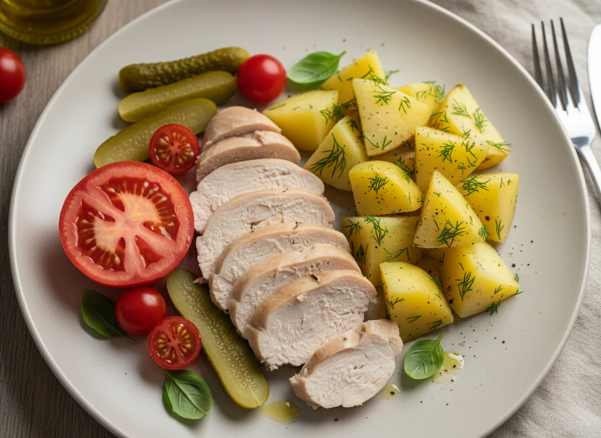 Chicken, Potato, Tomato, and Pickles photo