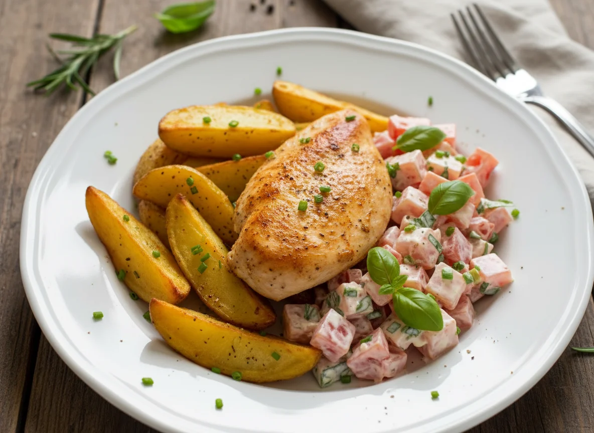 Chicken, Potato Wedges, and Tomato Salad photo