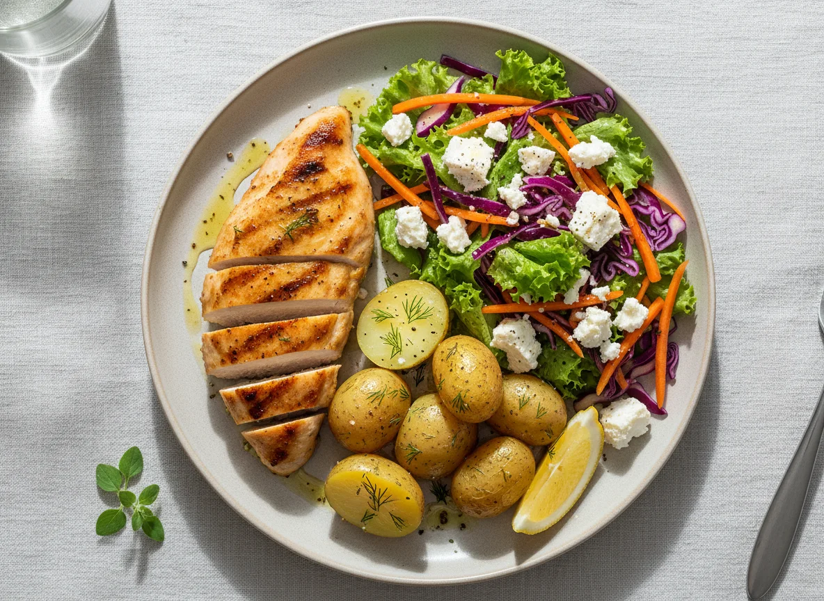 Chicken, Potatoes, and Salad with Feta photo