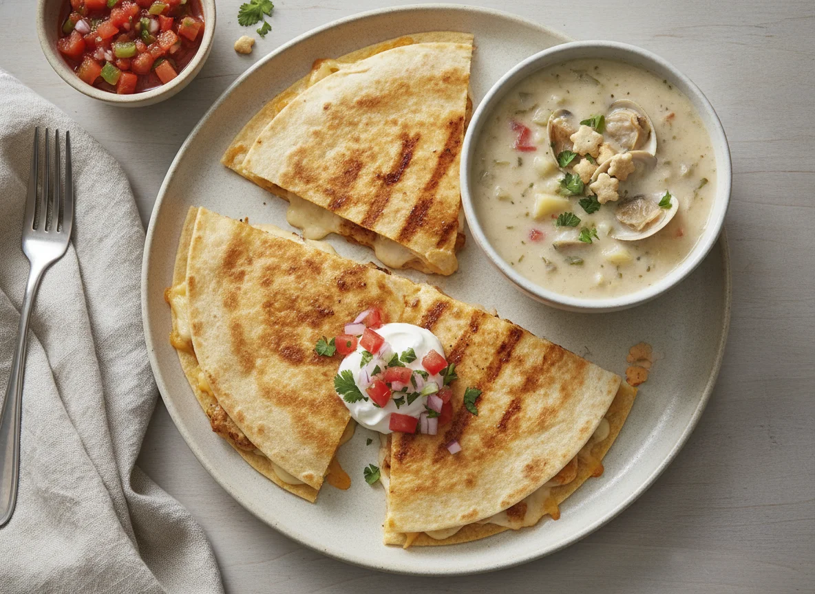 Chicken Quesadilla with Clam Chowder and Salsa photo