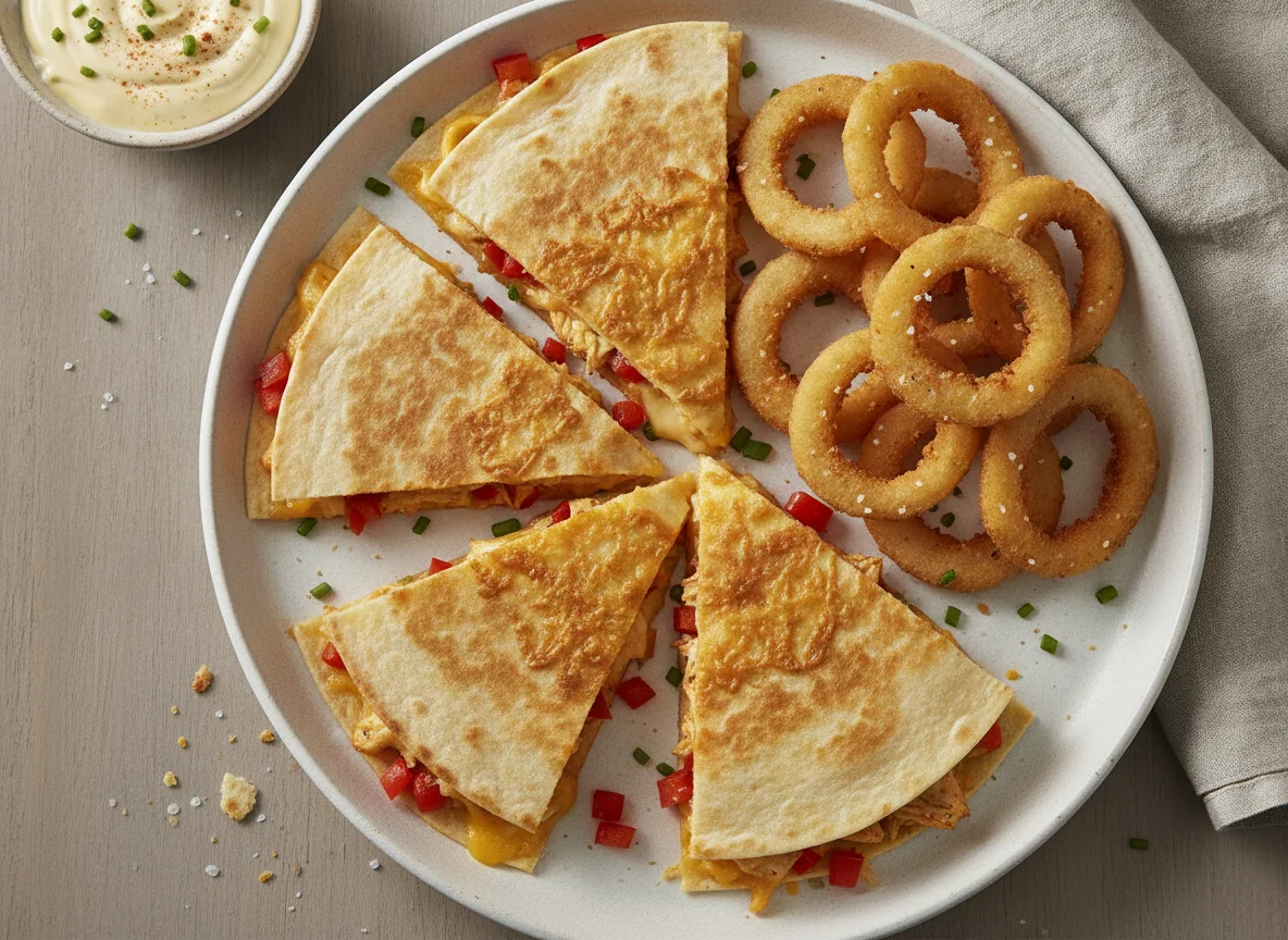Chicken Quesadilla with Onion Rings and Dip photo
