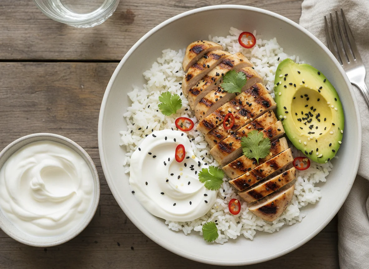 Chicken, Rice, and Avocado Bowl with Yogurt photo