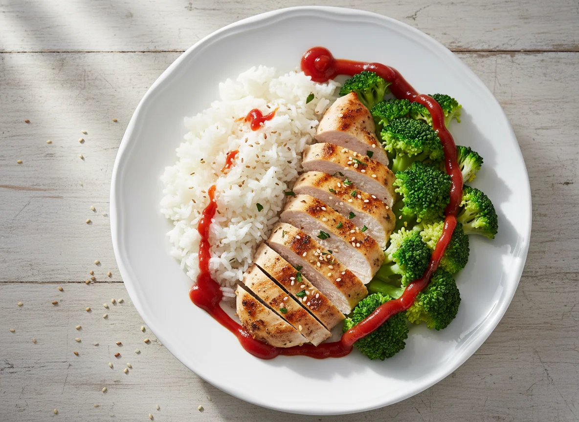 Chicken, Rice, and Broccoli with Ketchup photo