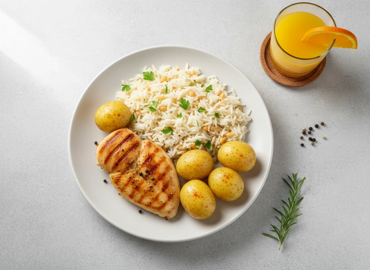 Chicken, Rice and Potato Meal with Juice photo