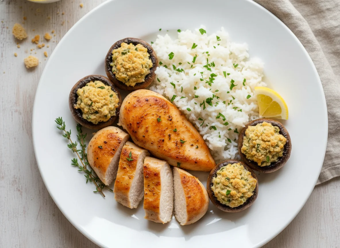 Chicken, Rice, and Stuffed Mushrooms photo