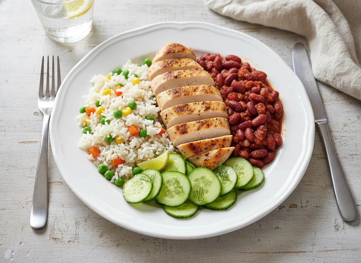 Chicken, Rice, Beans and Cucumber Salad photo