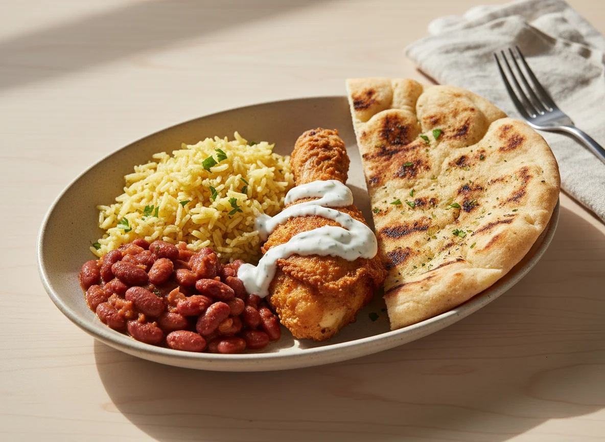 Chicken, Rice, Beans, and Flatbread photo