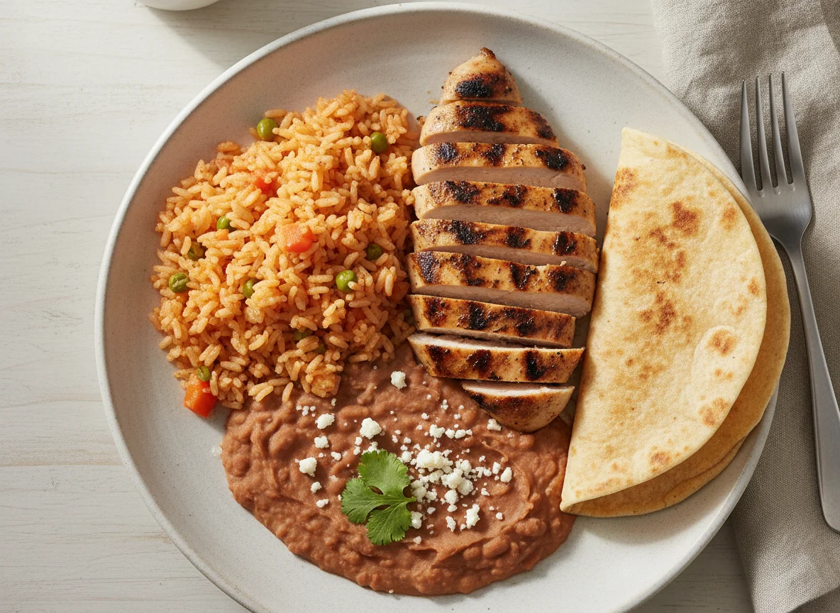 Chicken, Rice, Beans, and Tortilla Plate photo