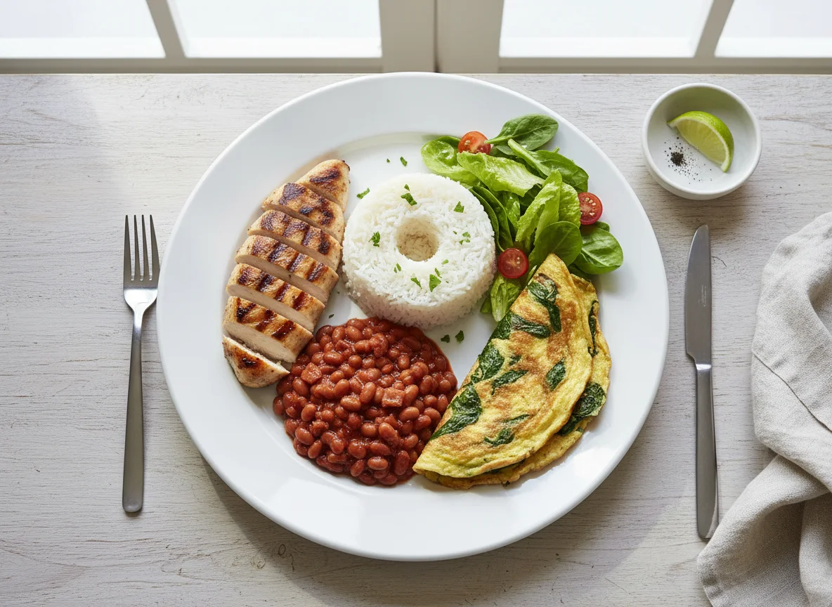 Chicken, Rice, Beans, Omelette and Salad photo