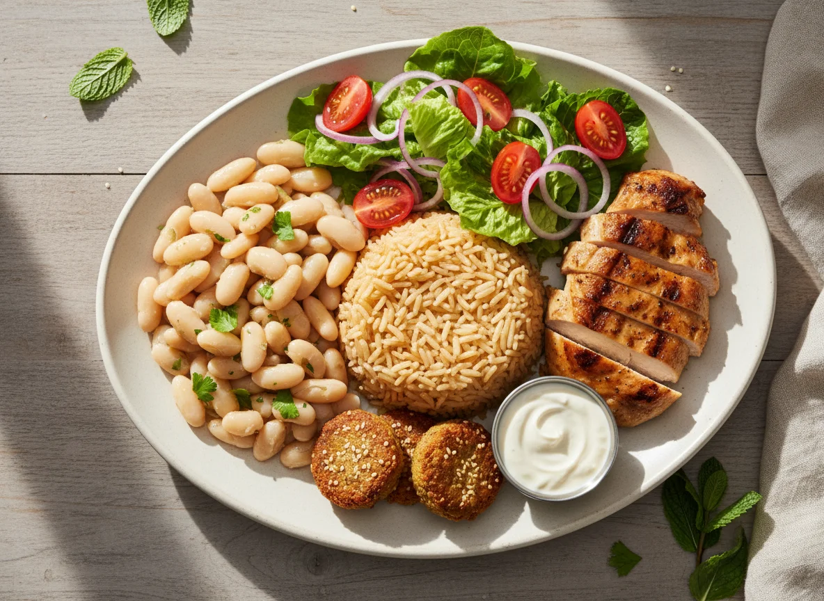 Chicken, Rice, Beans, Salad, and Falafel Plate photo