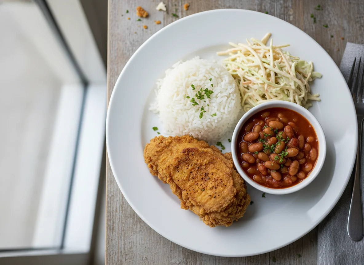 Chicken, Rice, Coleslaw and Baked Beans photo