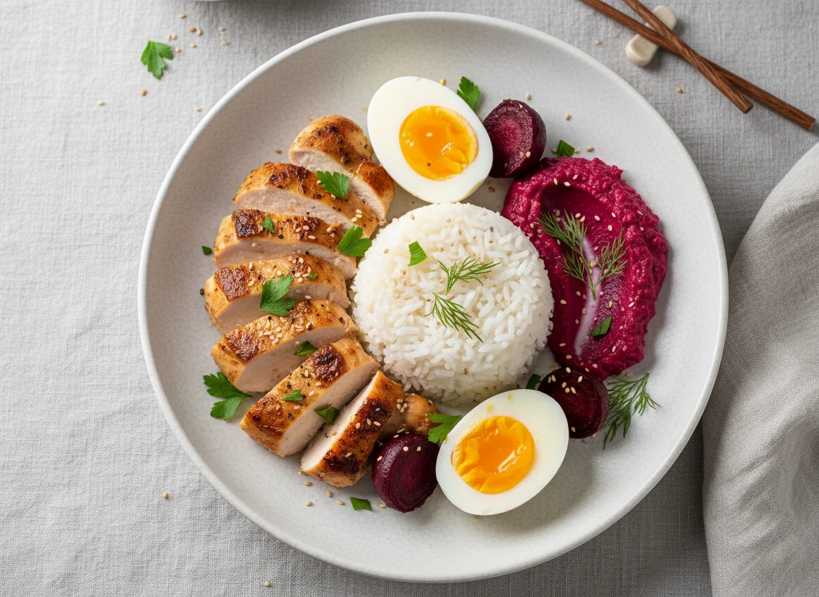 Chicken, Rice, Eggs, and Beetroot Meal photo