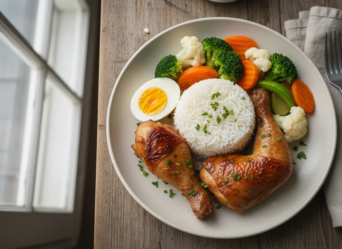 Chicken, Rice, Eggs, and Steamed Vegetables photo