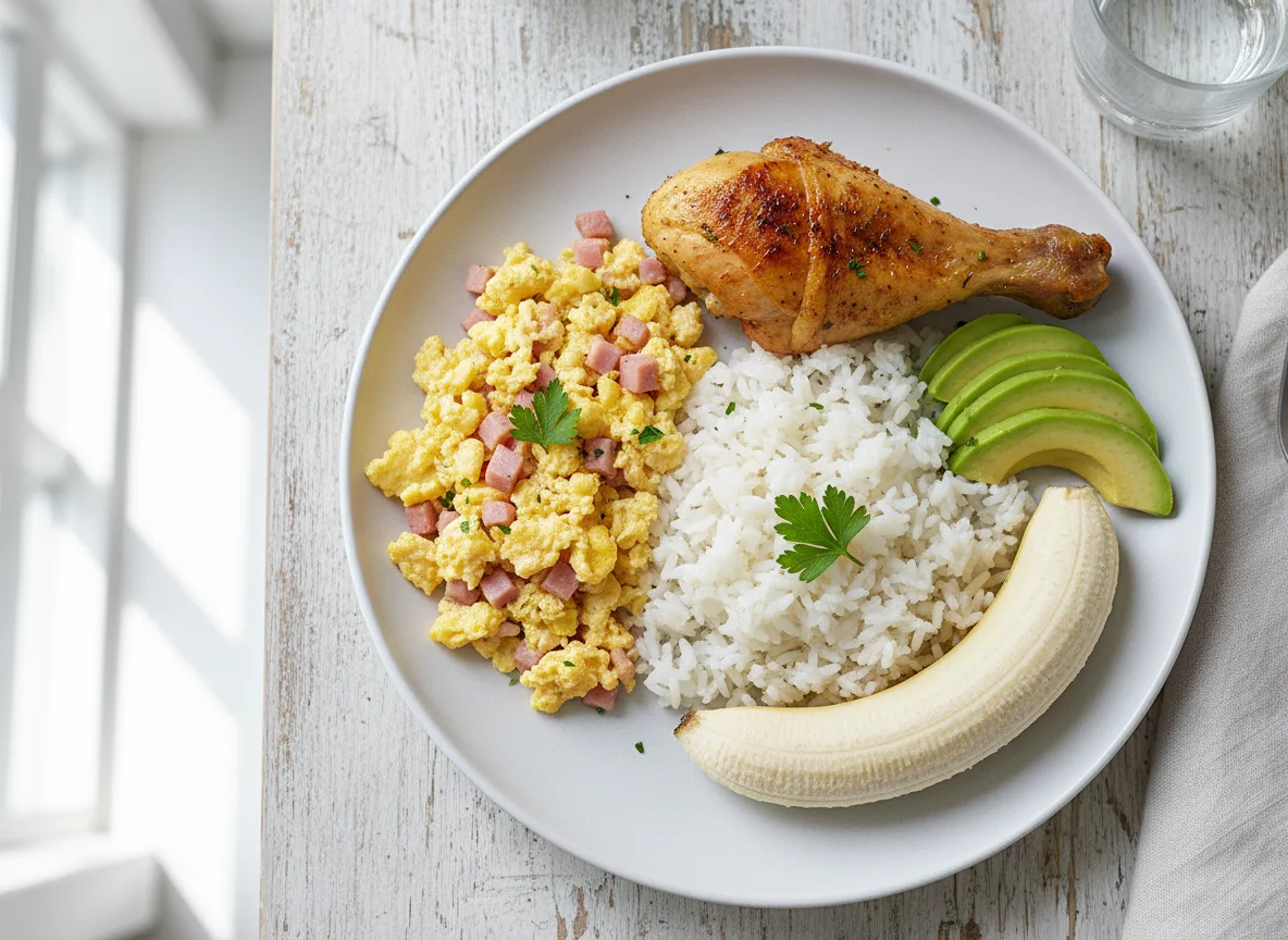Chicken, Rice, Eggs, Avocado, and Banana Meal photo
