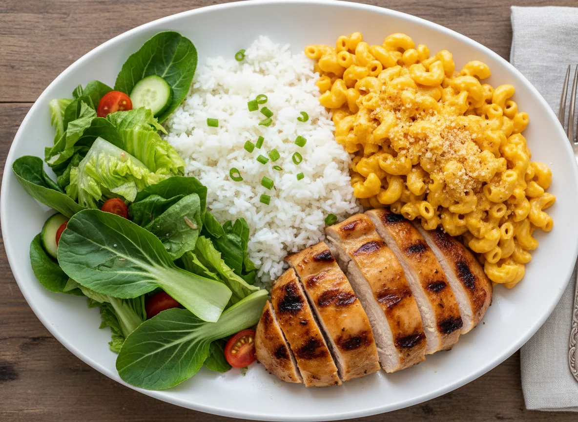 Chicken, Rice, Mac and Cheese with Salad photo