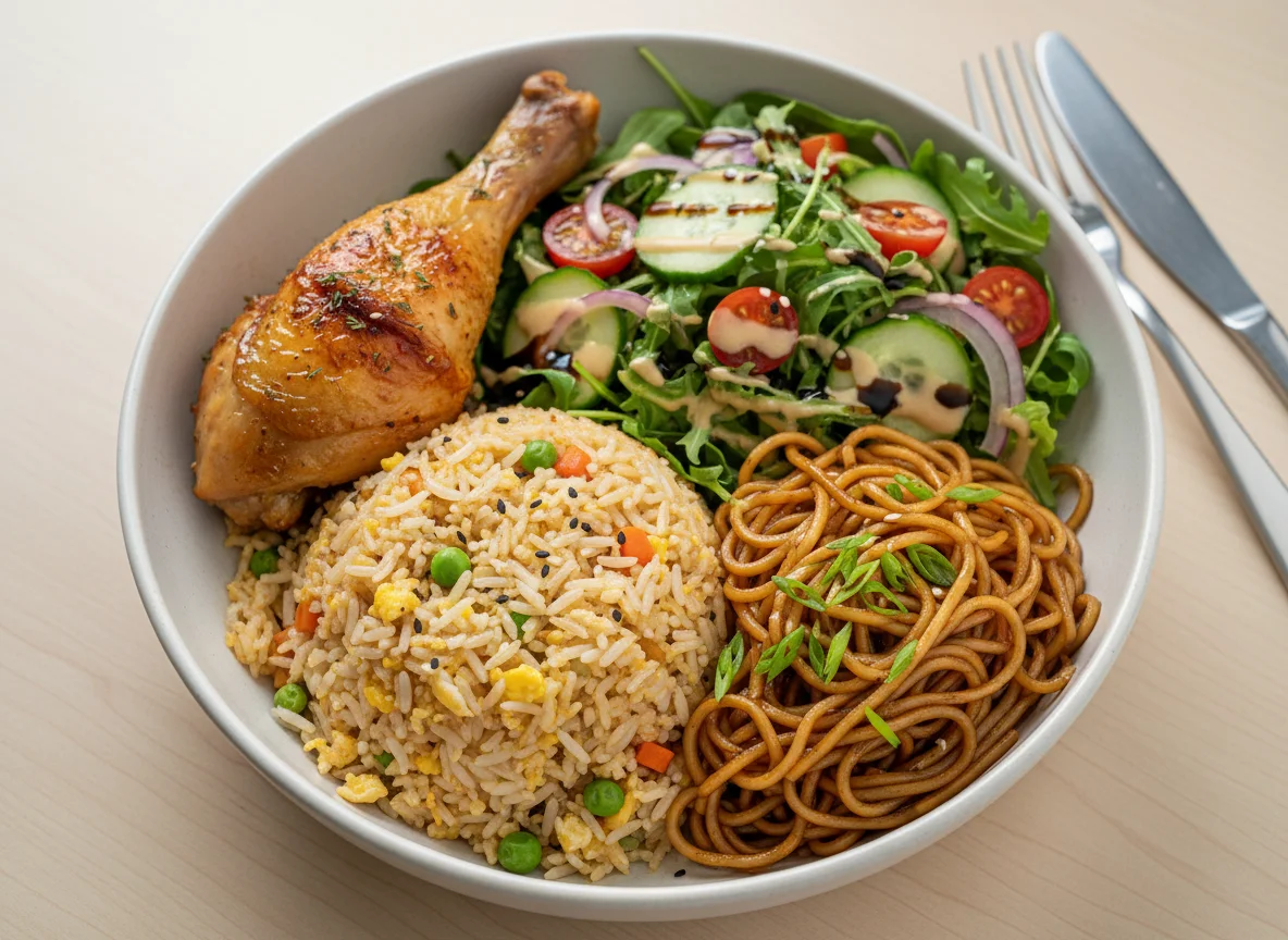 Chicken, Rice, Noodles and Salad Bowl photo