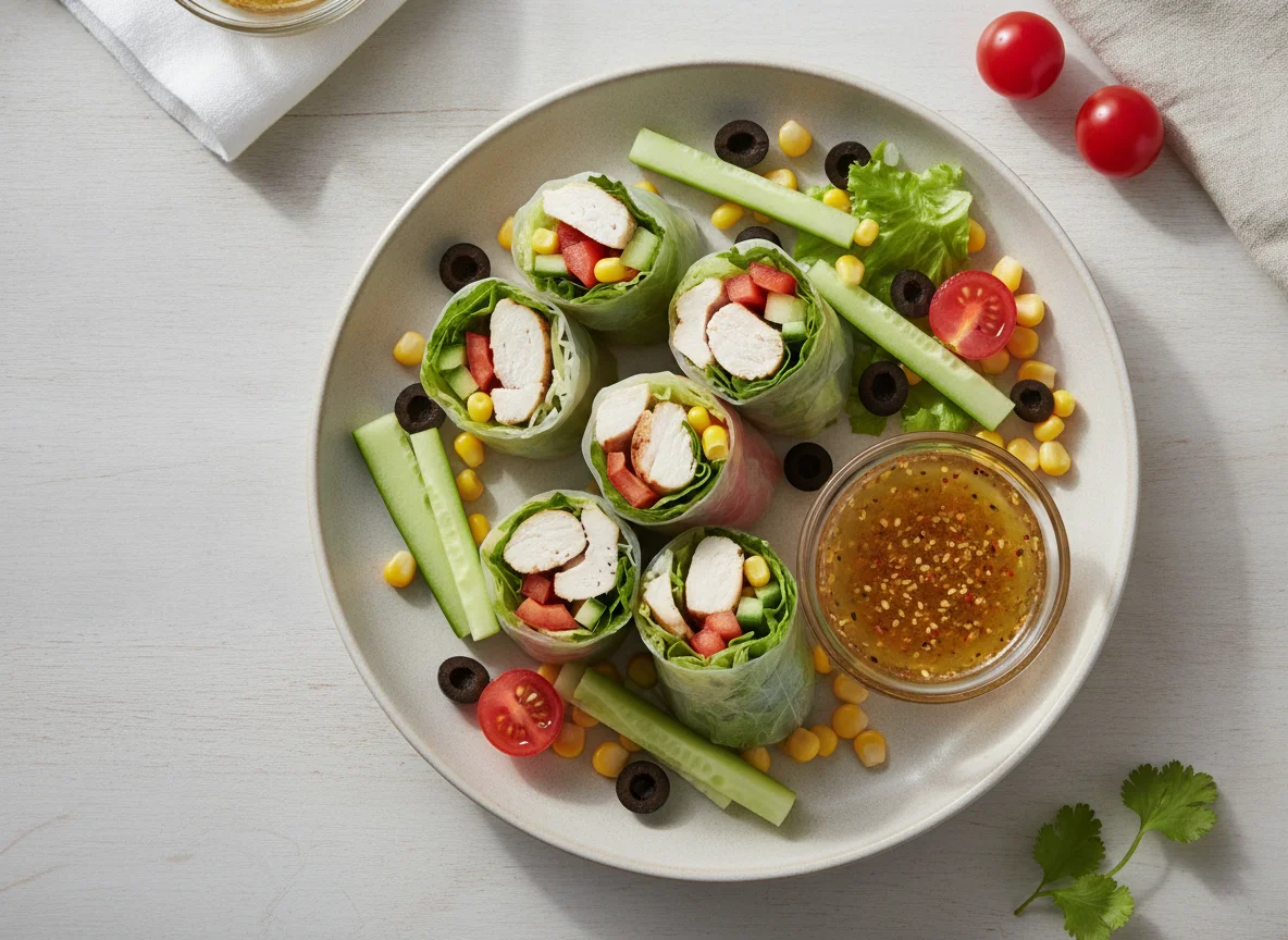 Chicken rice paper rolls with mixed salad photo