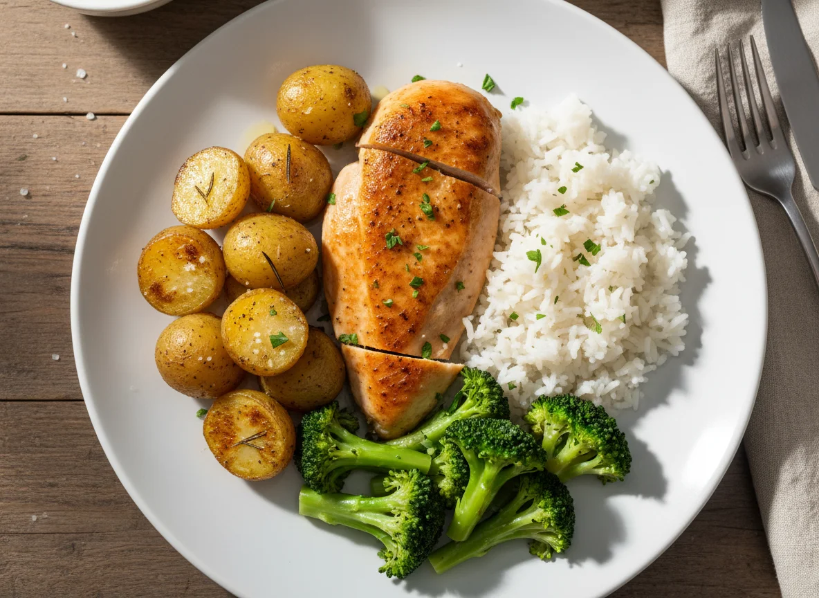 Chicken, Rice, Potatoes and Broccoli Meal photo