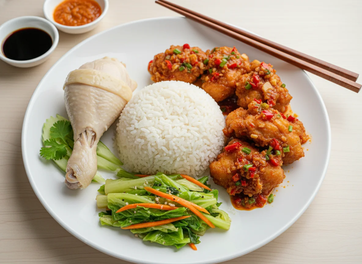 Chicken Rice with Chili Chicken and Cabbage photo