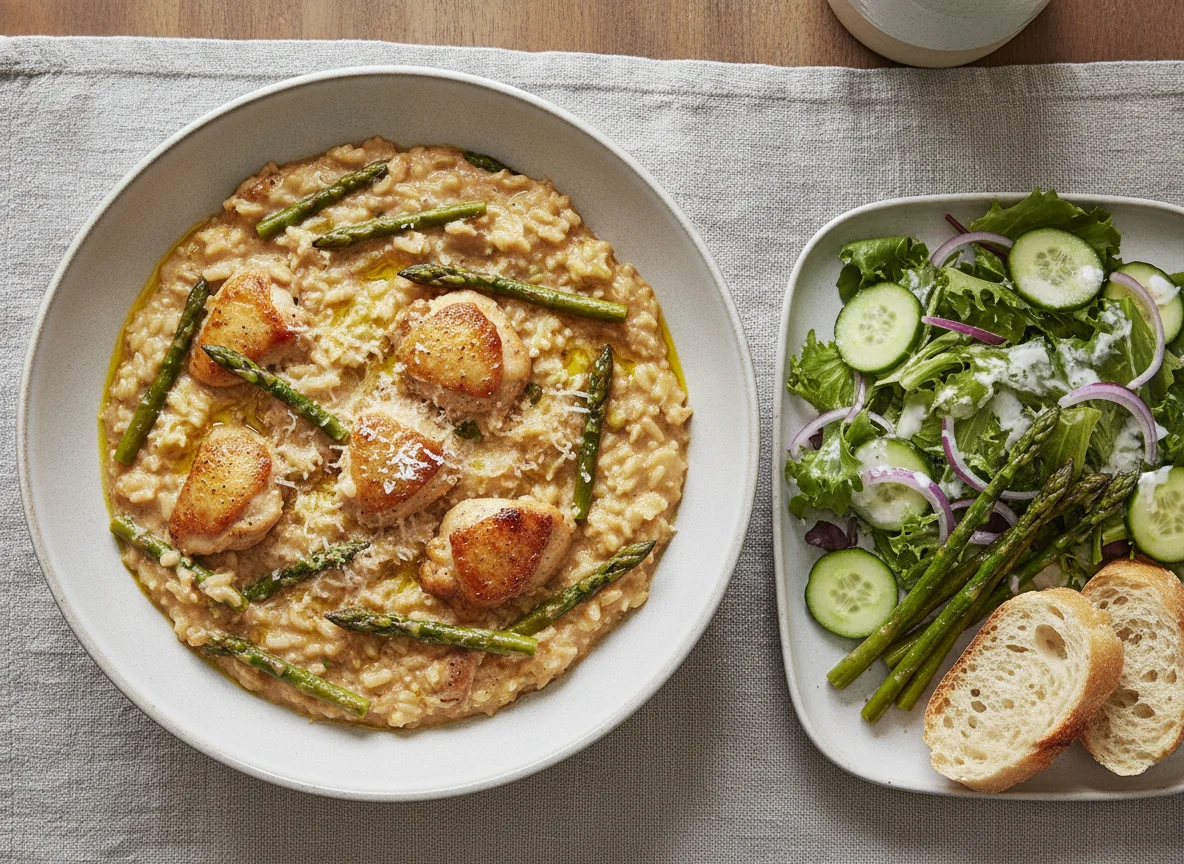 Chicken Risotto with Asparagus and Garden Salad photo