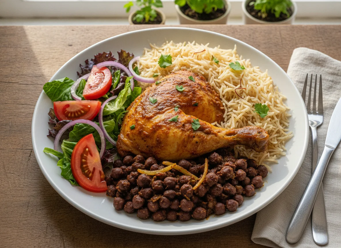 Chicken Roast with Rice, Black Chickpeas and Salad photo