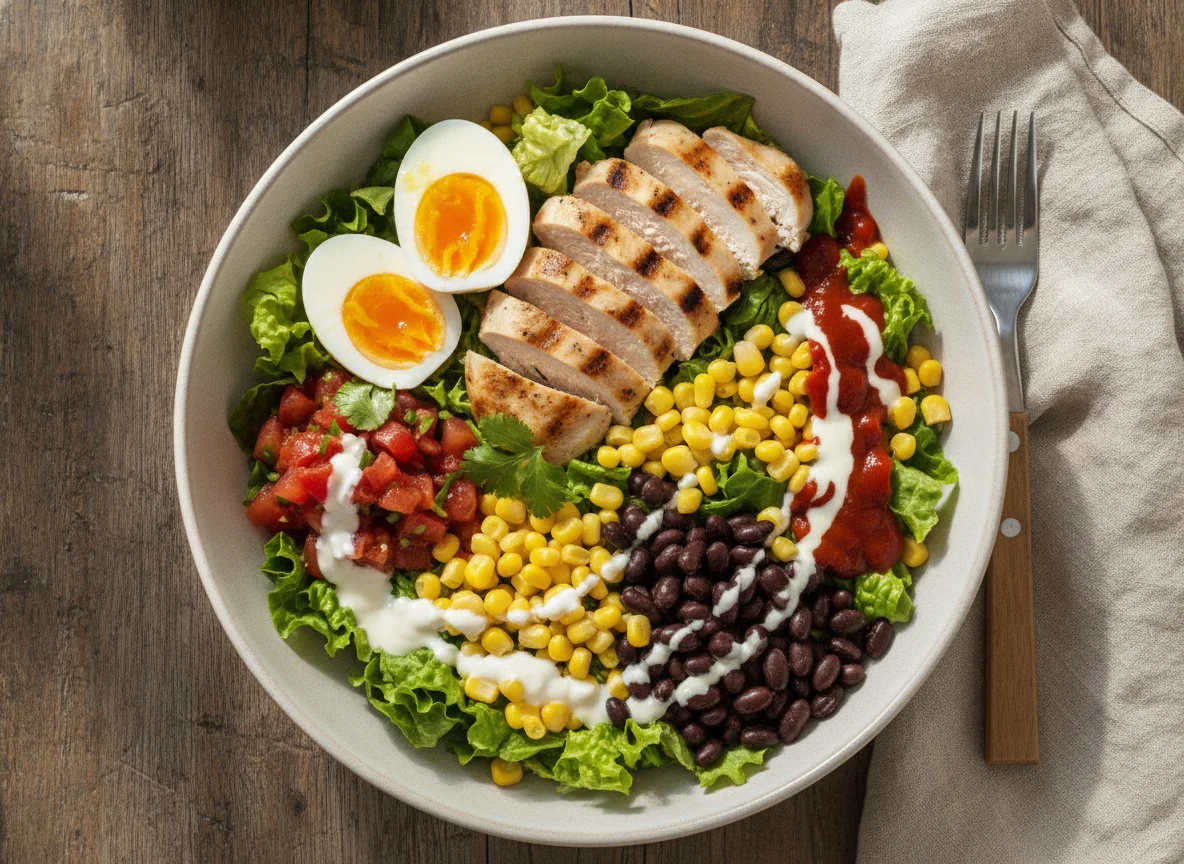 Chicken Salad Bowl with Egg and Corn photo