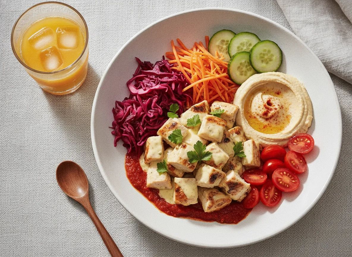 Chicken Salad Bowl with Hummus and Orange Juice photo
