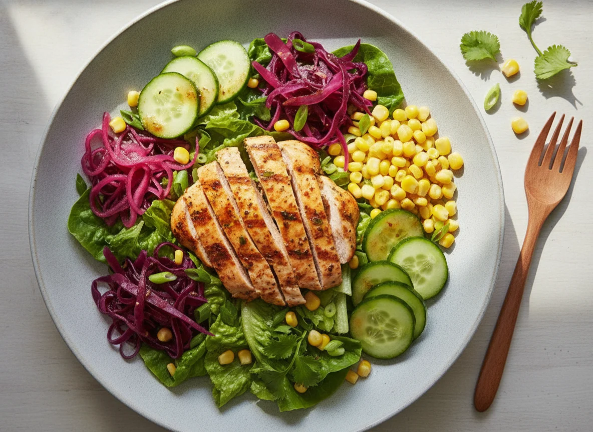 Chicken Salad Bowl with Red Cabbage and Corn photo