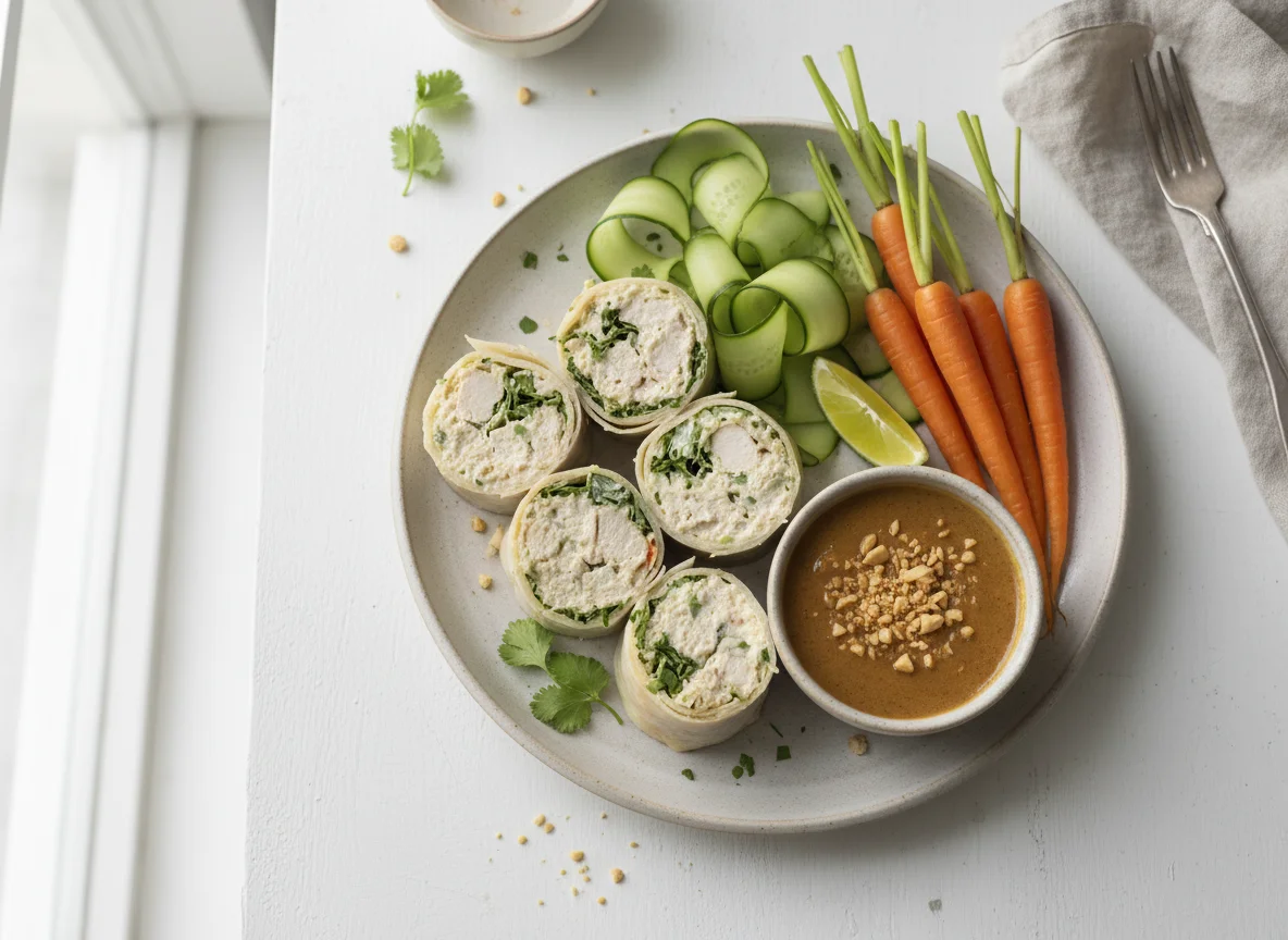 Chicken Salad Rolls with Vegetables and Dressing photo