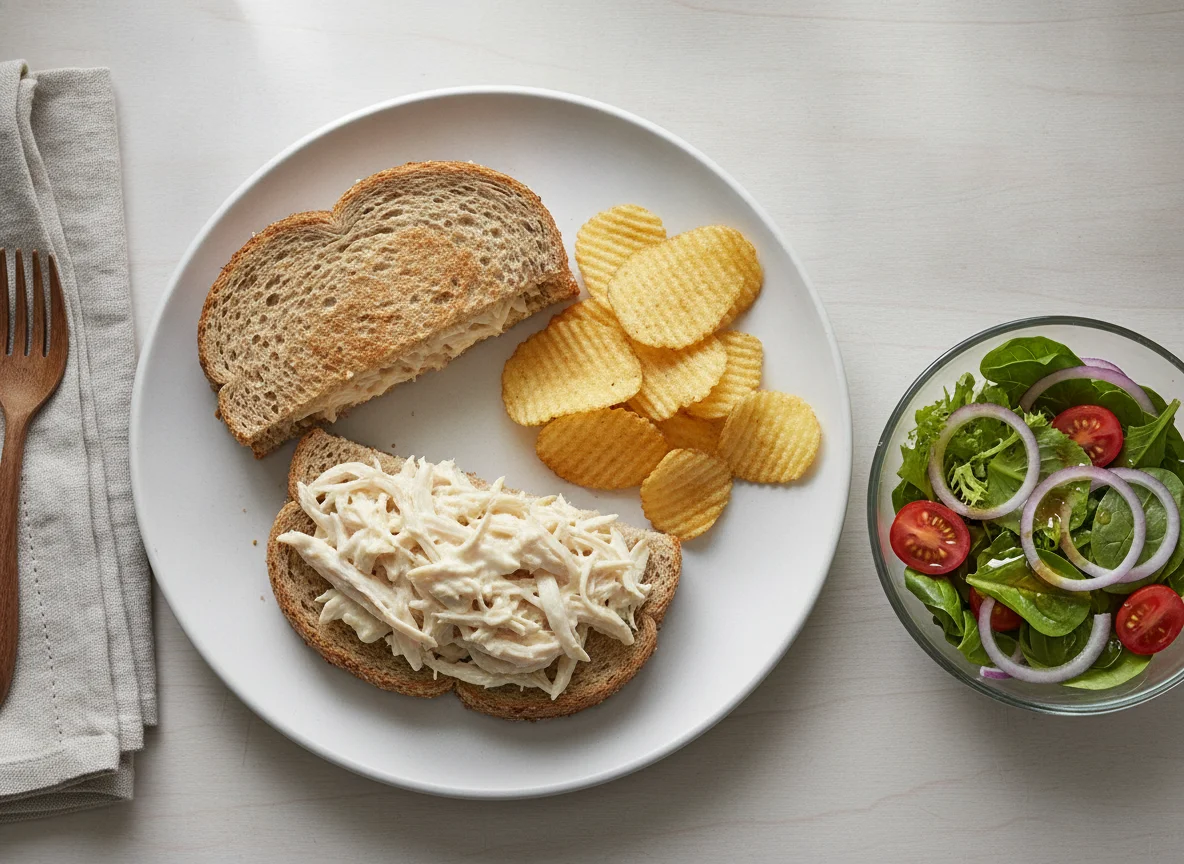 Chicken Salad Sandwich with Crisps and Side Salad photo