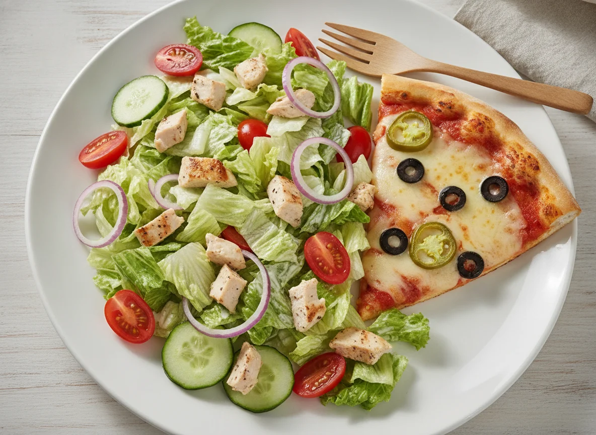 Chicken salad with a slice of pizza photo