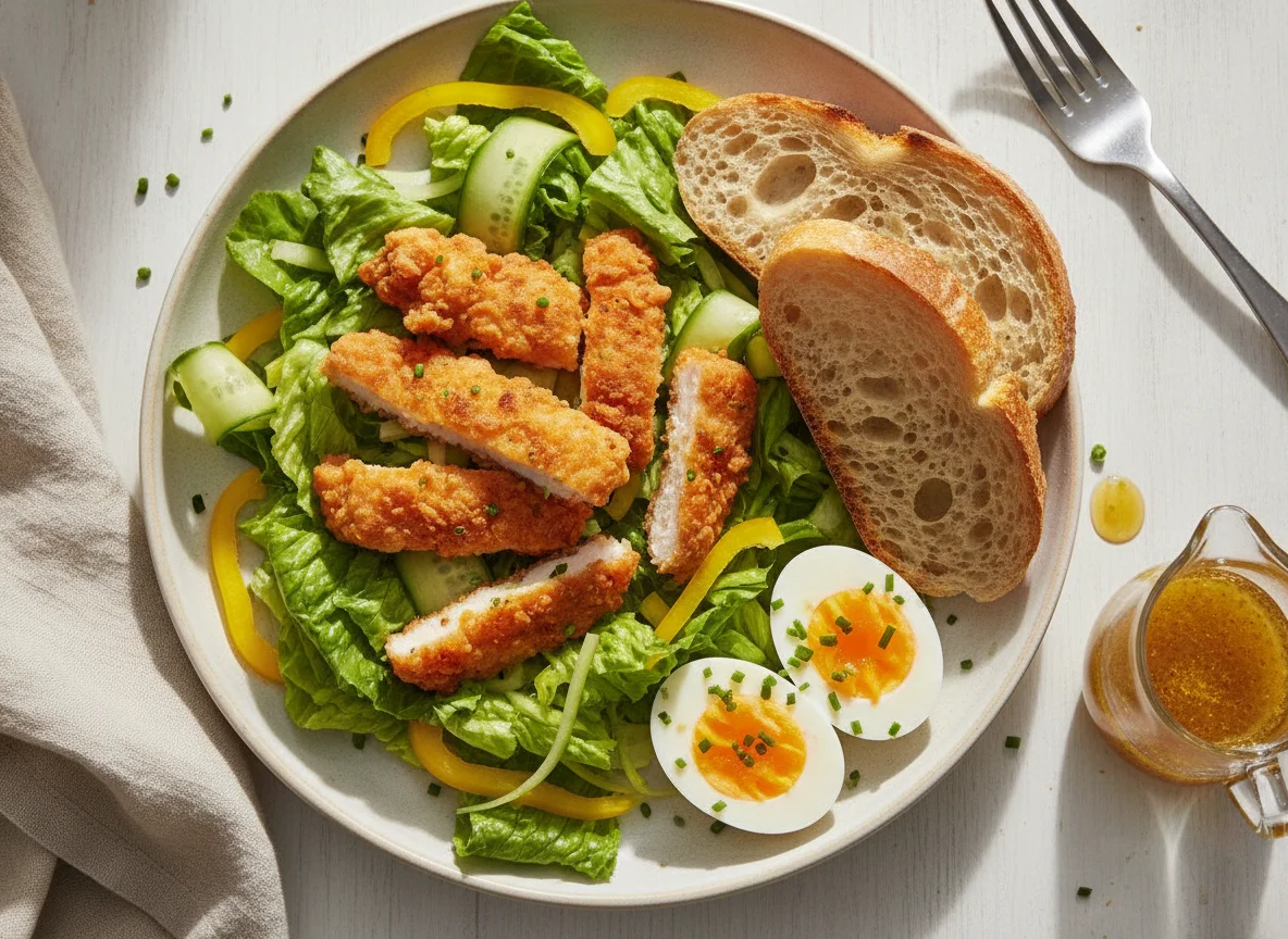 Chicken salad with boiled egg and bread photo