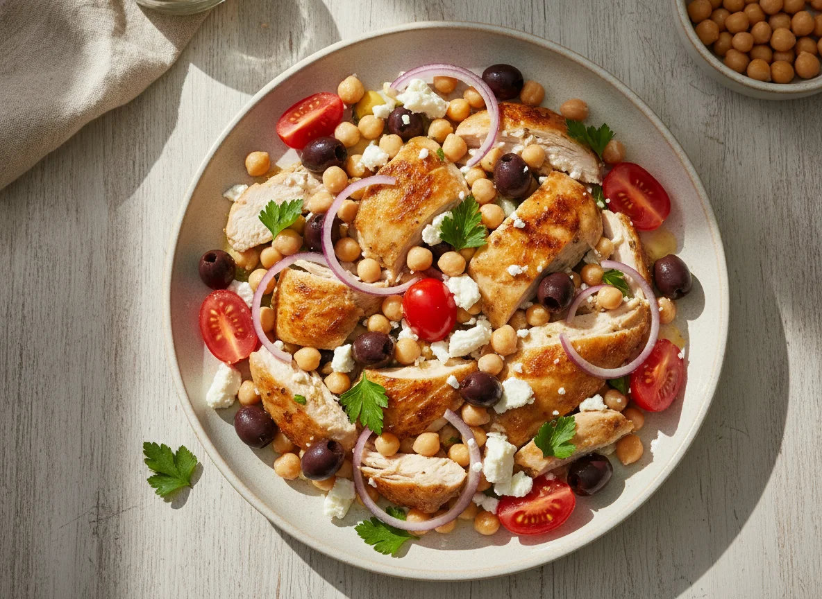 Chicken salad with chickpeas and feta photo