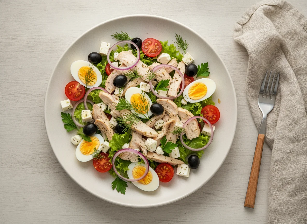 Chicken salad with egg and feta photo