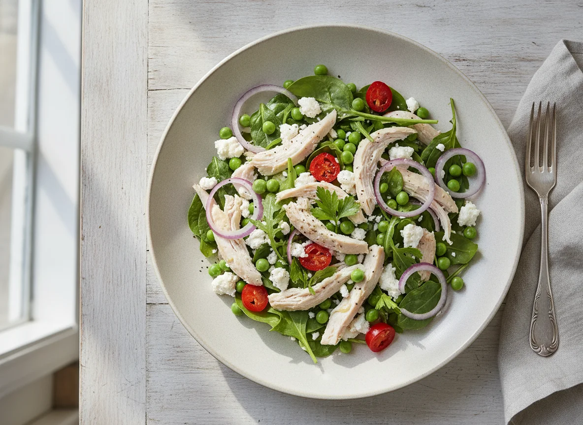 Chicken salad with feta and peas photo