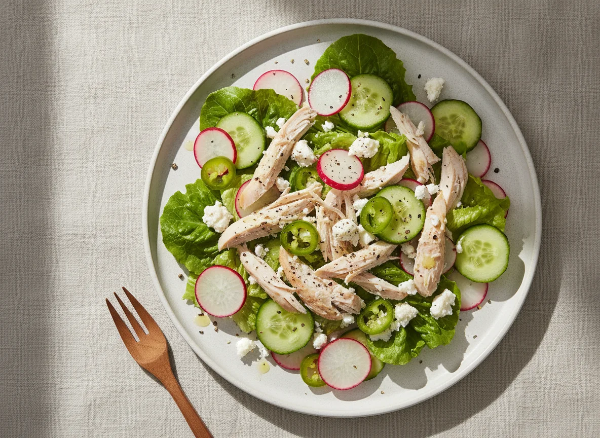 Chicken salad with feta and vegetables photo