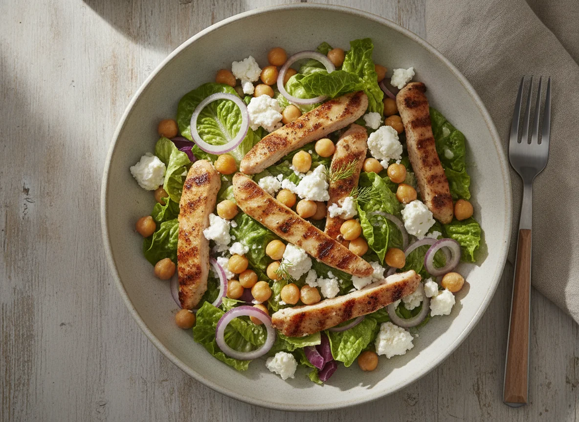 Chicken salad with feta cheese and chickpeas photo