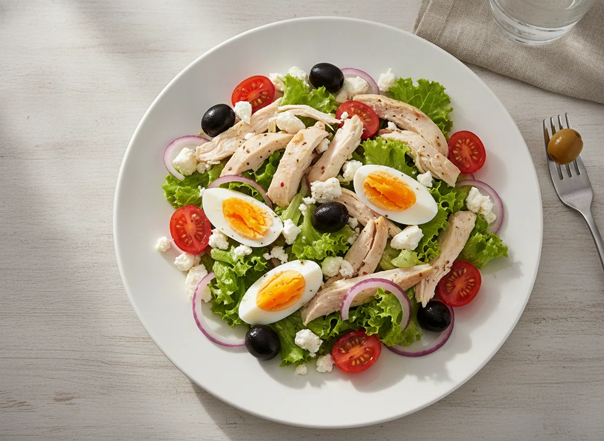 Chicken salad with feta cheese and egg photo