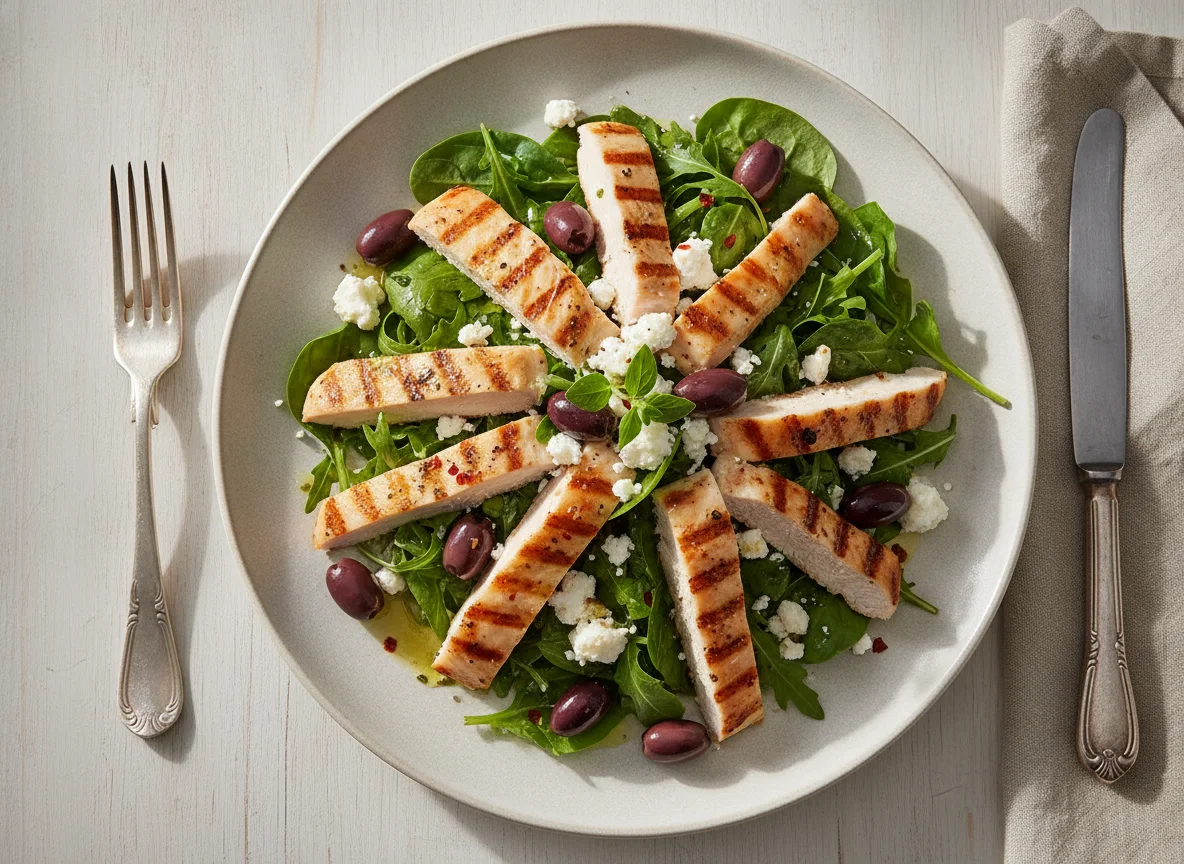 Chicken salad with feta cheese and olives photo