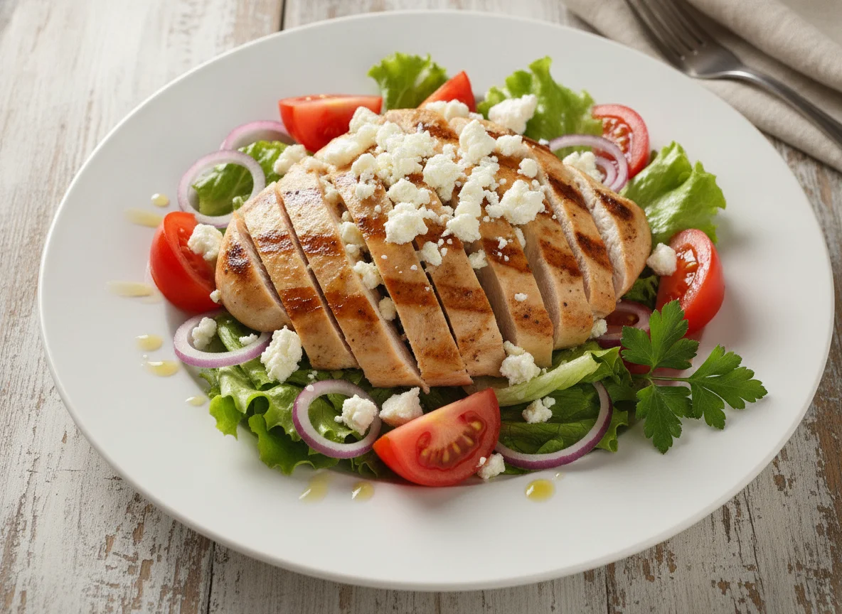 Chicken salad with feta cheese and vegetables photo